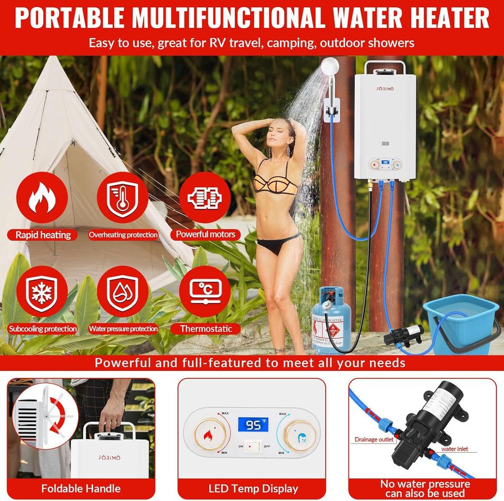 Tankless Water Heater Propane, 2.64GPM 10L Outdoor Portable water heater, with 2 GPM Water Pump