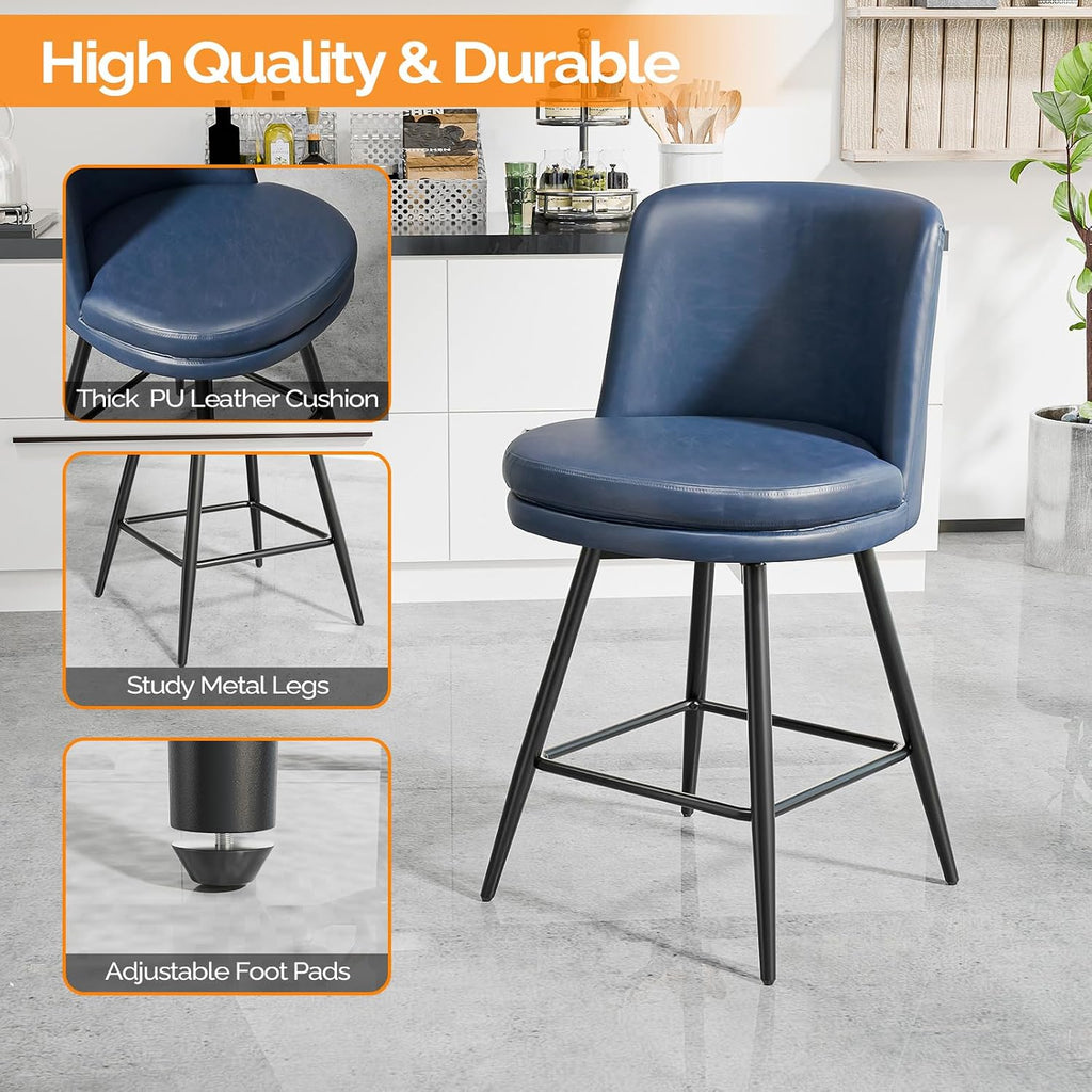26" H Swivel Barstools Set of 1, PU Faux Leather Upholstered Counter Height Bar Stool with Back, Kitchen High Chairs