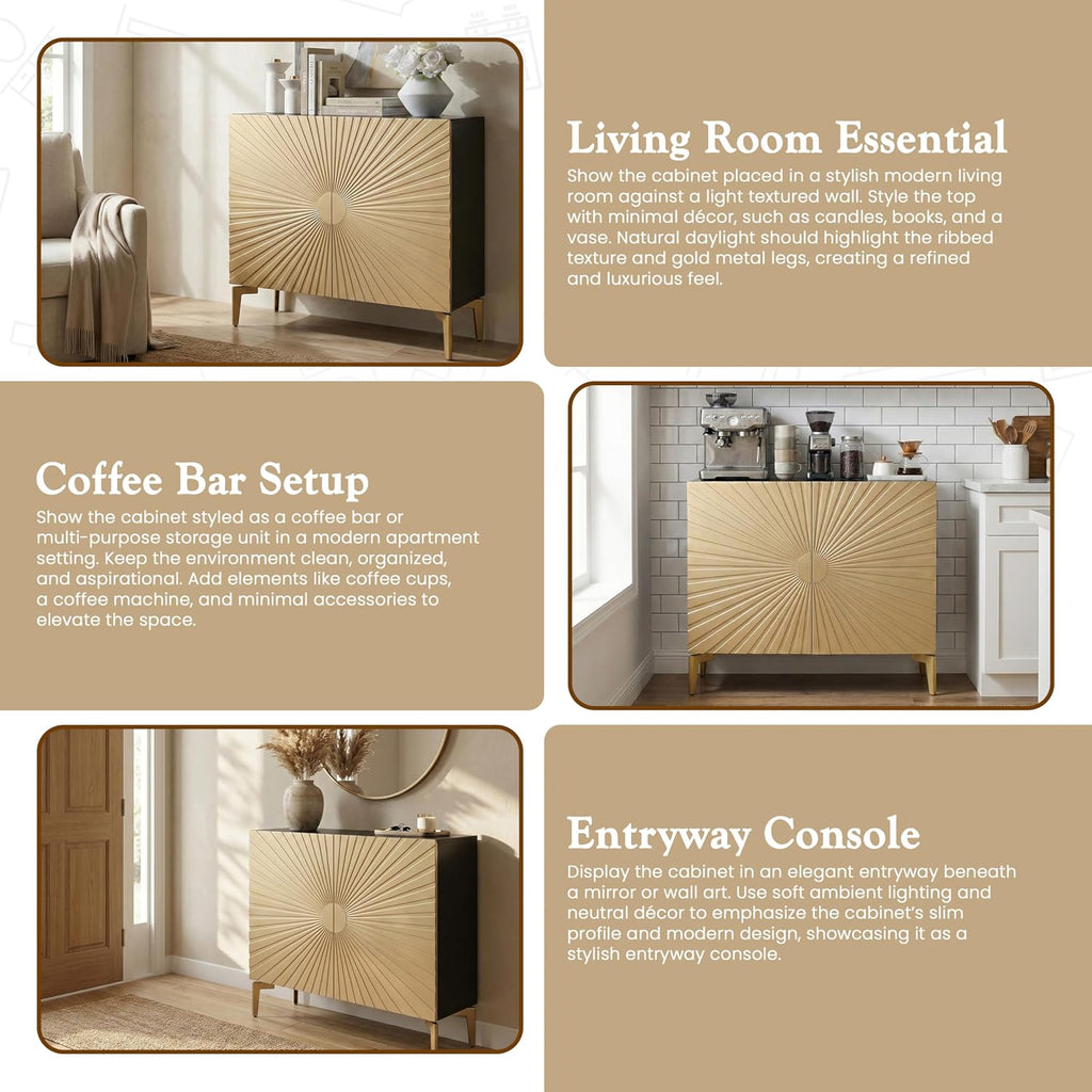 2-Door Storage Cabinet - Accent Sideboard Buffet in Gold & Black, Storage Cabinet for Living Room, Hallway, Kitchen