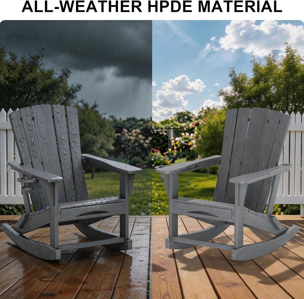 Adirondack Rocking Chair with Retractable Ottoman,Outdoor Folding Adirondack Chair with Cup Holder,HDPE All-Weather