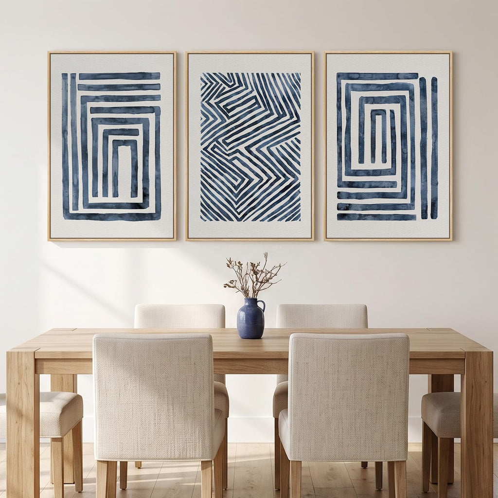 Large Framed Blue White Abstract Wall Art, 3 Piece 24x36 In