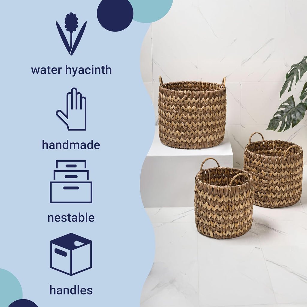 Cassia 3-Piece Handwoven Hyacinth Nesting Baskets, Brown/Natural | Two-Tone Style, Integrated Round Handles, Durable