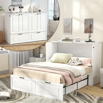 Full Murphy Bed Cabinet: White 2 in 1 Murphy Bed, Wood Cabinet Beds with Storage Drawer, Foldable and Charging