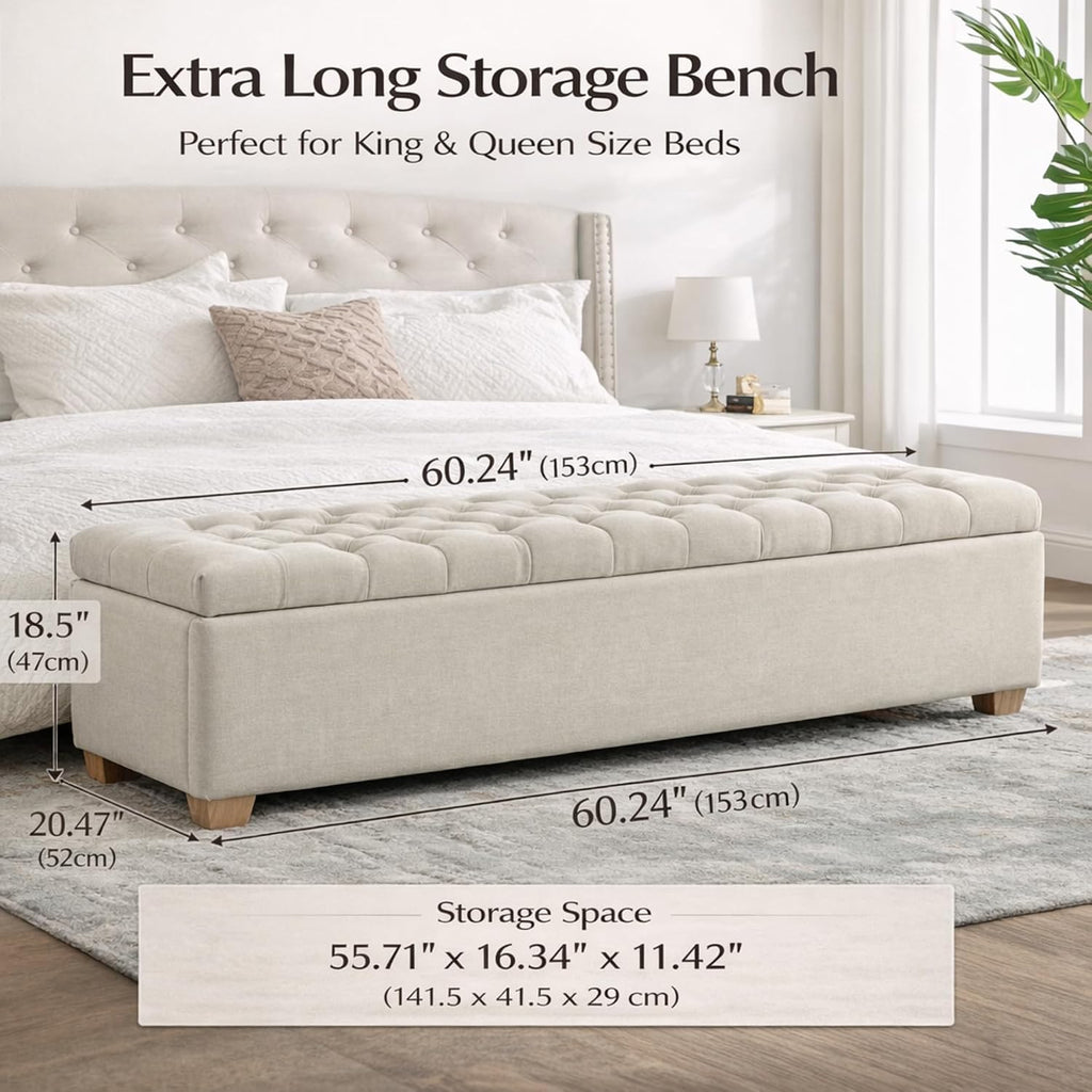 60.2" Storage Bench, End of Bed Storage Benches, Chenille Fabric Upholstered Ottoman Bench with Safety Hinge Entryway