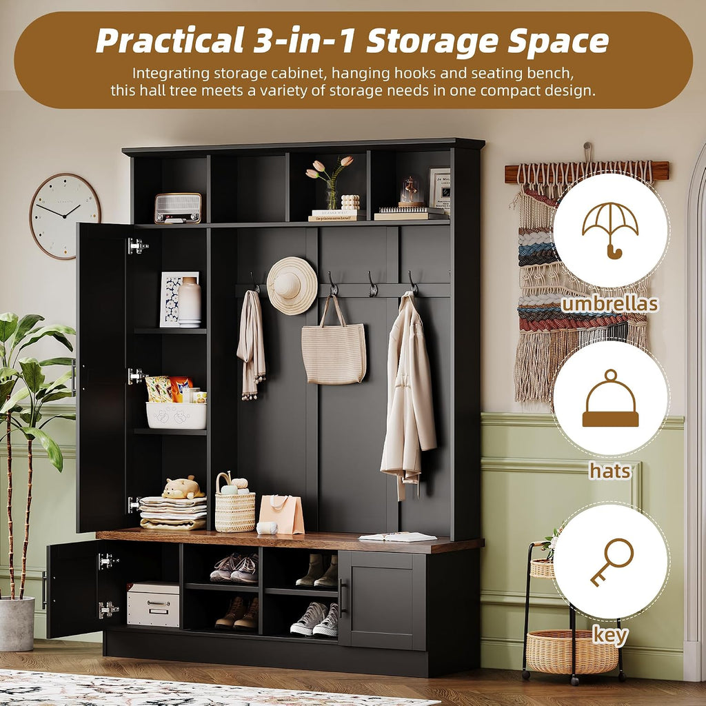 Rustic Hall Tree with Bench and Shoe Storage, 55''W Entryway Bench with Coat Rack, 6 Hooks, Storage Cabinets & Top