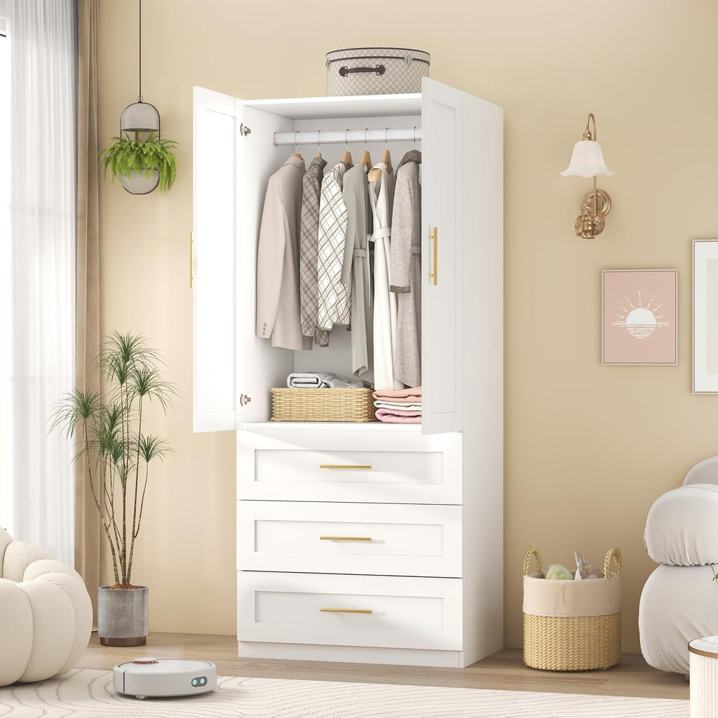 White Armoires Wardrobes Closet:Bedroom Armoire Wardrobe Closet with Hanging Rod, Modern Wardrobe Cabinet with