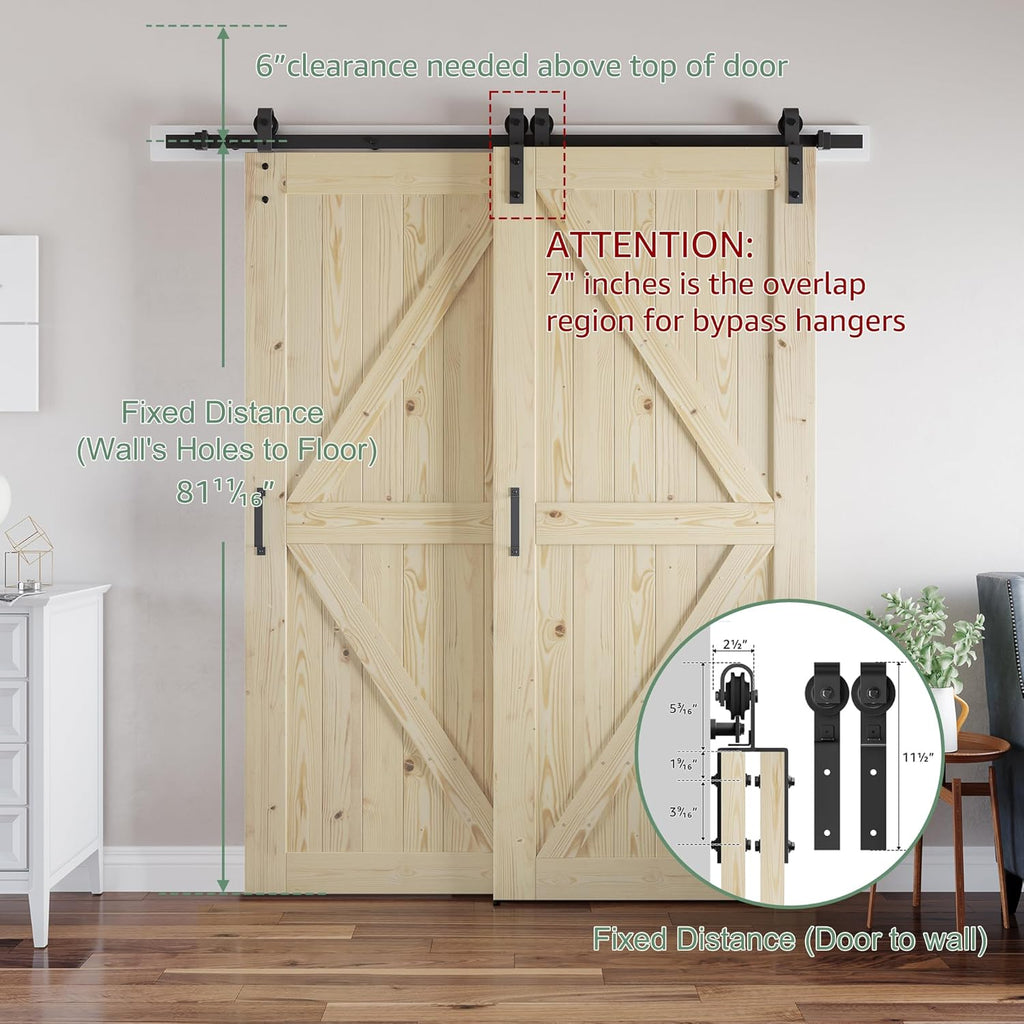 Double 30x80 in Door, for 51"x80" Opening, Solid Wood Panelled Bypass Barn Door with Sliding Hardwar