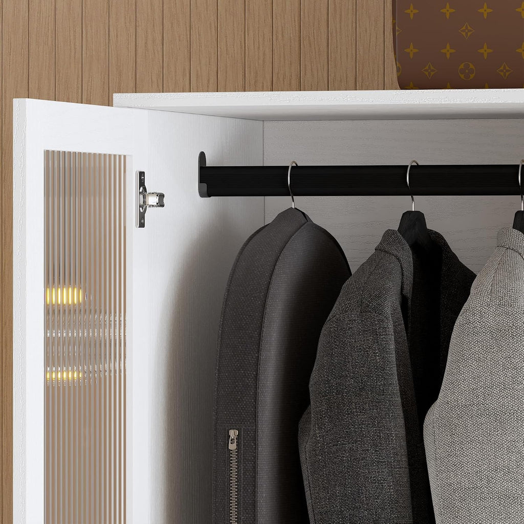 20"D Armoire Wardrobe Closet with Fluted Glass Door, 71" H Clothing Storage Cabinet with 8 Drawers, Hanging Rod, 4