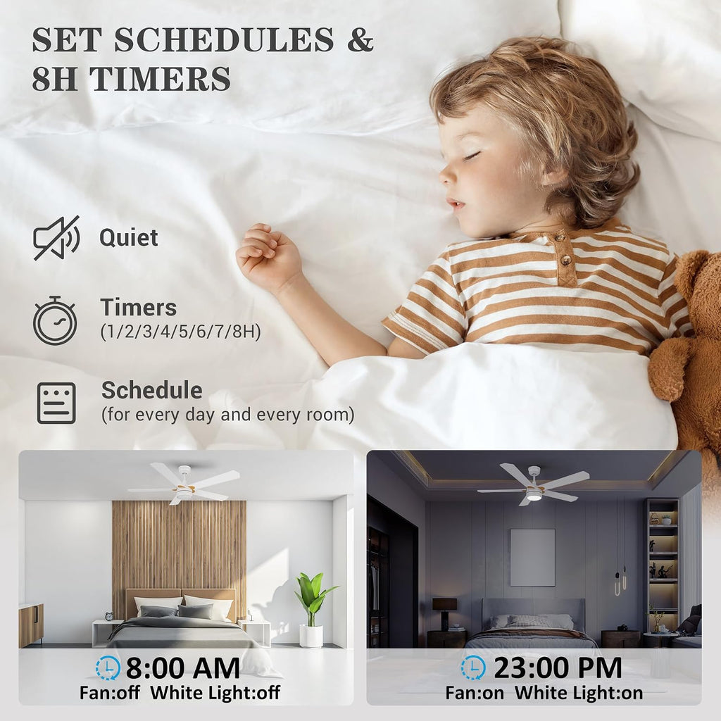 Smart Ceiling Fans with Lights Remote Control, 52inch Modern Wifi Ceiling Fan with Dimmable LED Light Outdoor