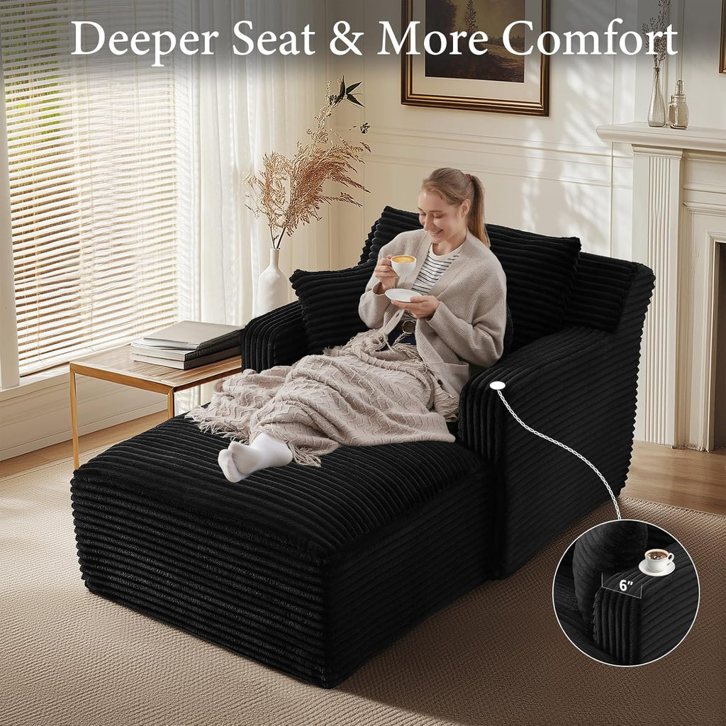 65.4" Chaise Lounge Chair Indoor, Oversized Boneless Couch | No Assembly|3 Pillows|Plush Corduroy|Upholstered Sofa