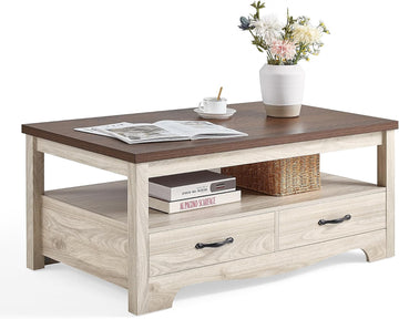 Farmhouse Coffee Table with Storage, Wood Coffee Table, Open Display Area and Storage Drawers with Metal Handles