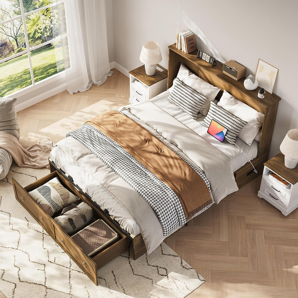 Queen Murphy Bed with Charging Station - Rattan Queen Bed Frame with Storage Drawers, Wood Cabinet Beds for Guest