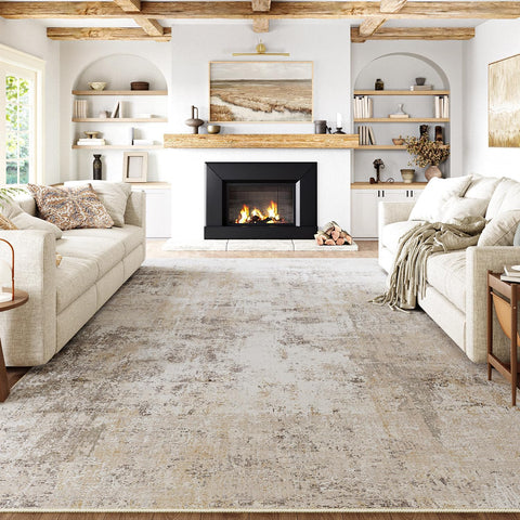8x10 Washable Area Rug Beige Grey Abstract Living Room Bedroom Carpet Neutral Modern Non Slip Soft Low Pile Indoor