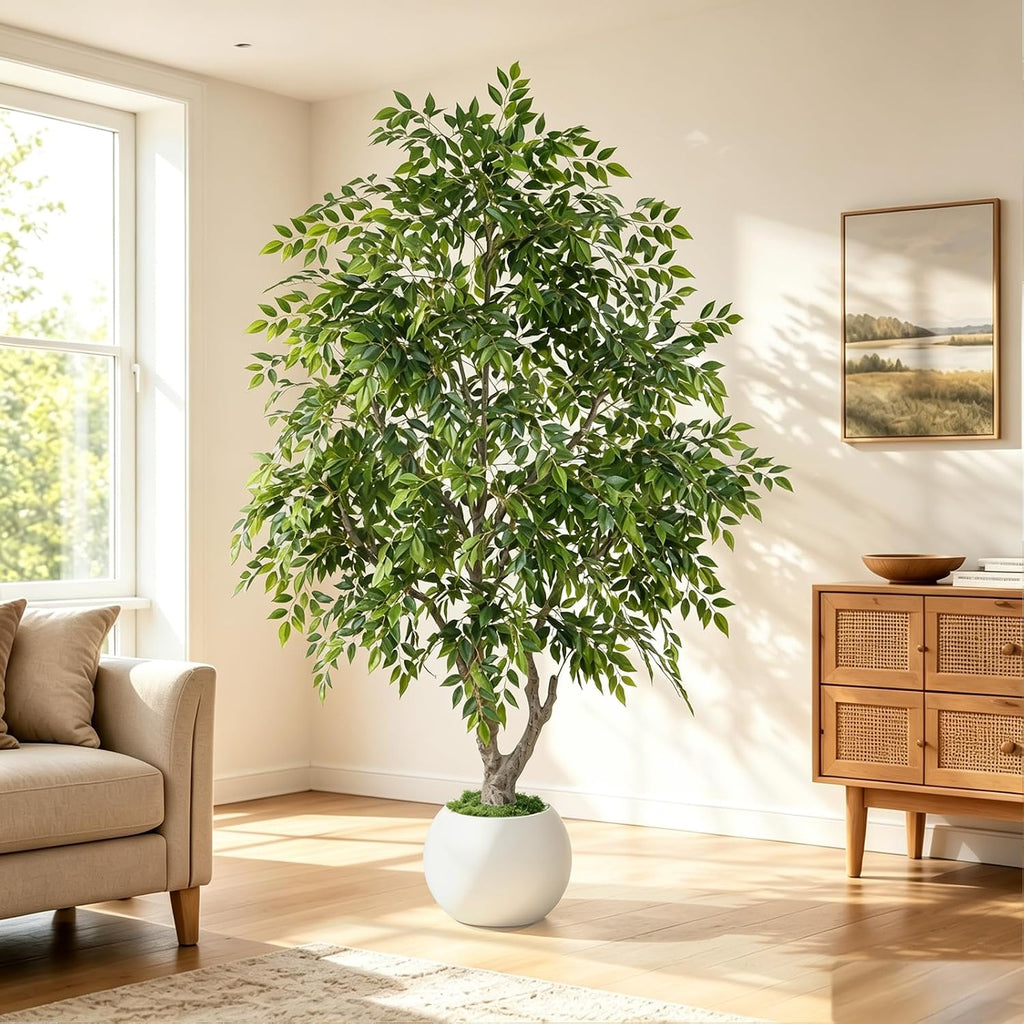 8ft Artificial Ficus Tree with Round White Planter for Indoor Decor