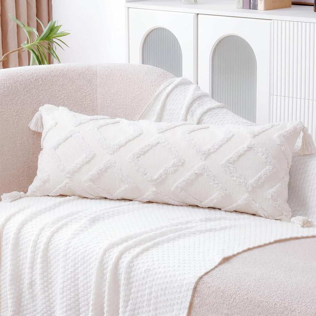 Decorative Long Lumbar Pillow Cover 14x36 Boho,Super Soft Chenille Extra Long Lumbar Pillow Case Cover with Tassel for Bed Sofa Couch Farmhouse Livingroom,White,Modern Skinny