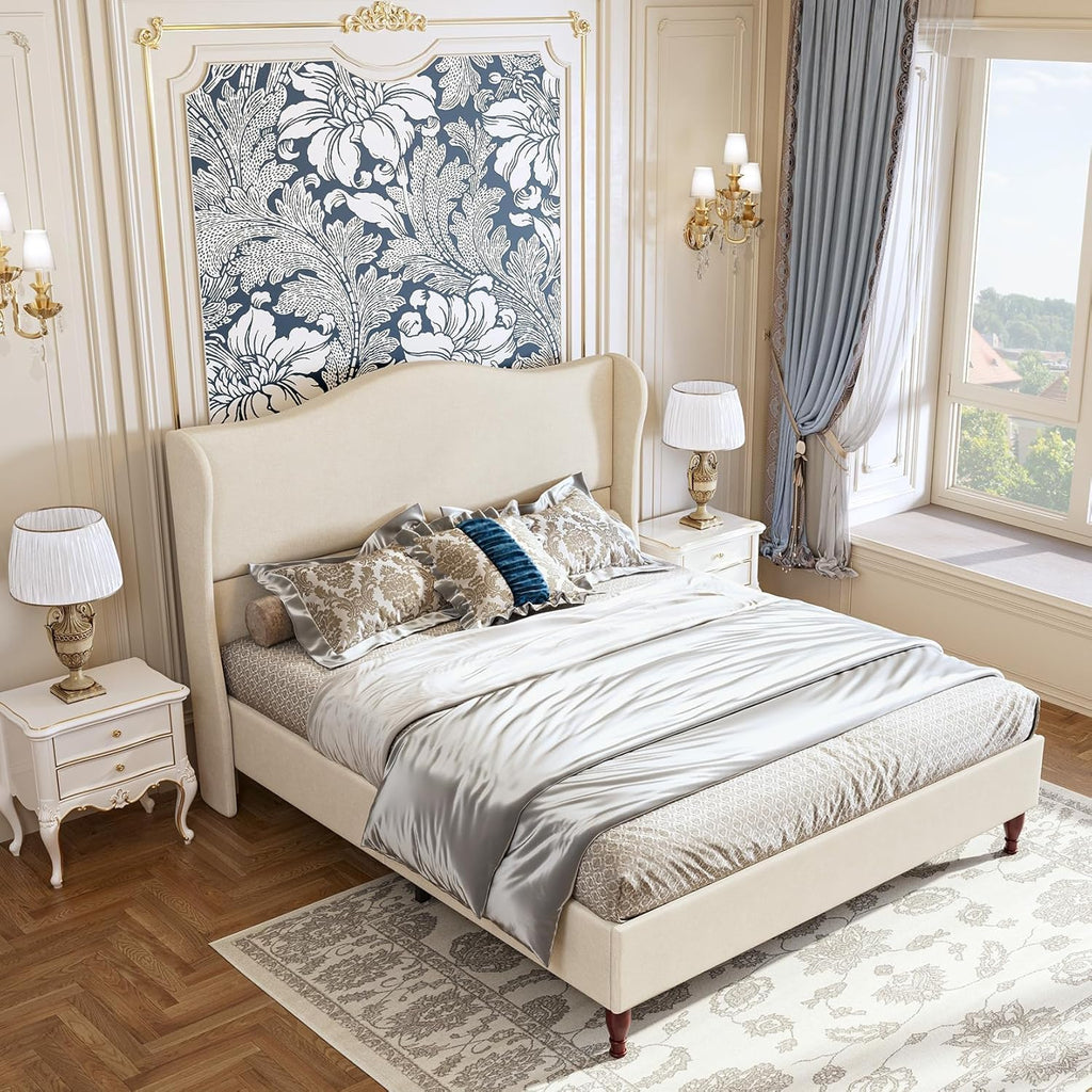 Queen Bed Frame Upholstered Platform Bed with 51" Tall Headboard Wingback, Soft Fabric