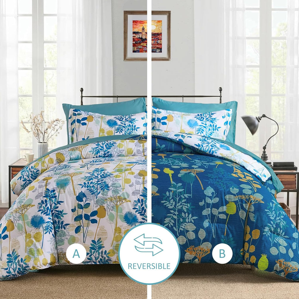7Pieces King Comforter Set, Blue Yellow Botanical Bed in a Bag Complete Set with Sheet Pillowcase All Season