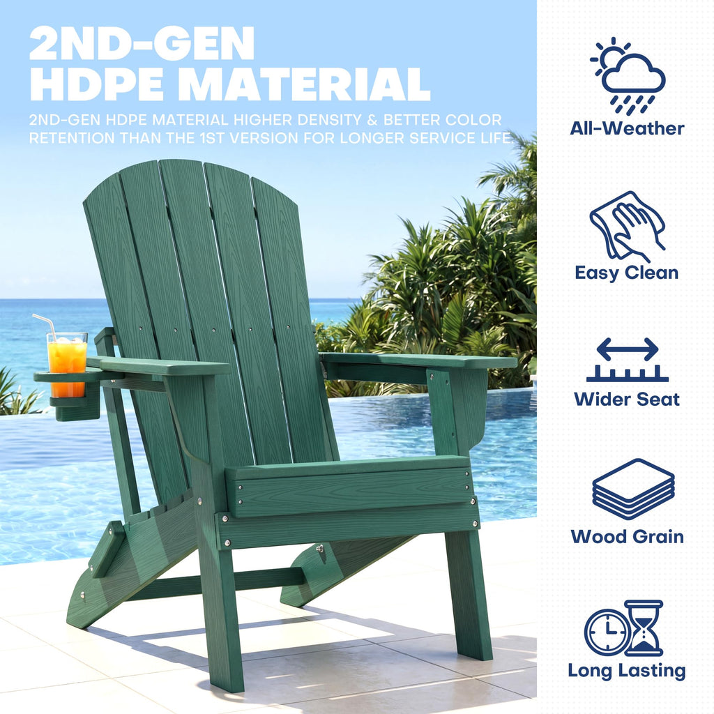 Adirondack Chair Set of 2 with Cup Holders&Table, Green