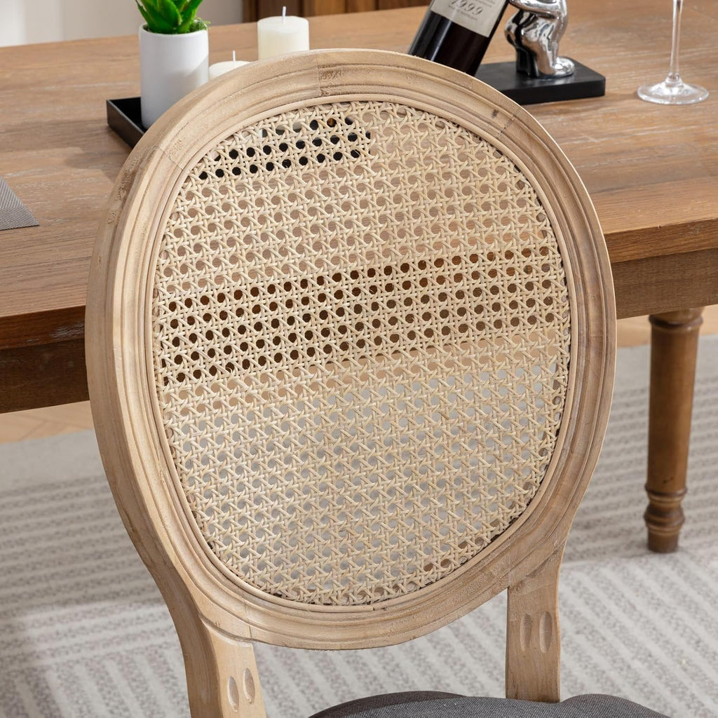 French Country Dining Chairs Set of 4,Farmhouse Upholstered Dining Room Chairs with Round Back and Solid Leg,Rattan