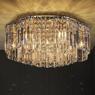 Flush Mount Crystal Chandelier, 24 inch Modern Crystal Ceiling Lights with Warm White Light Bulb (2700K), Flush Mount