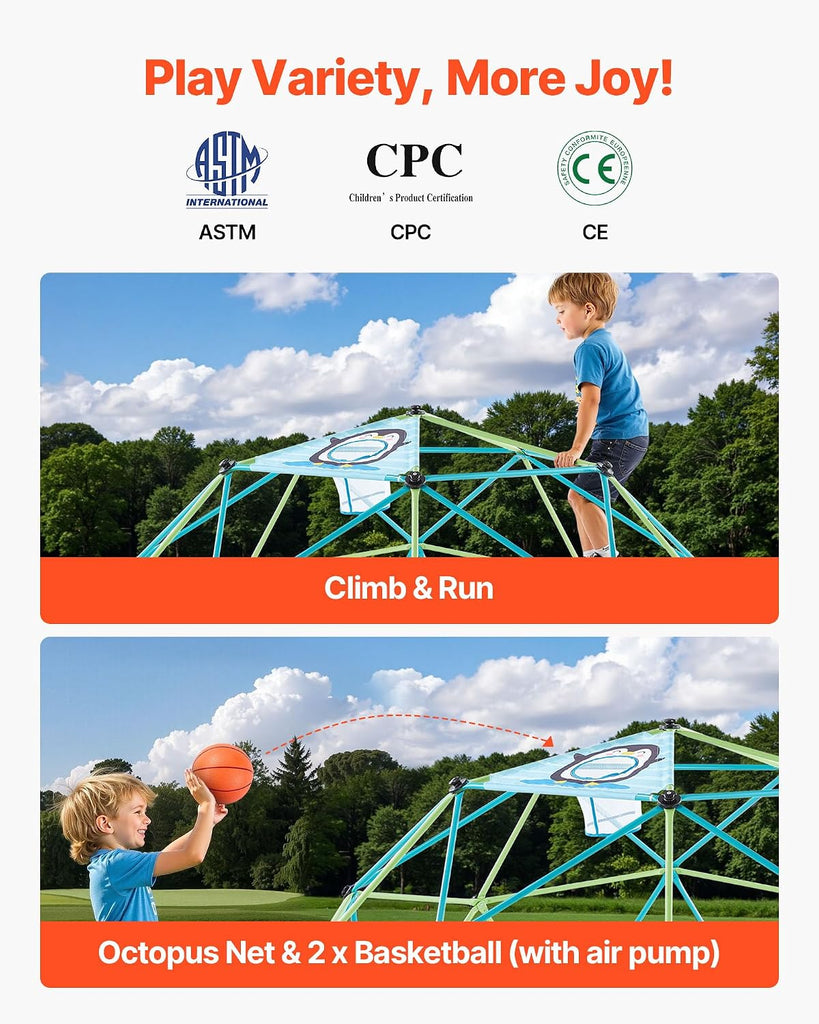 Climbing Dome, 10FT Geometric Dome Climber for Kids, 1000LBS Loading Jungle Gym Playground with Octopus Net & 2