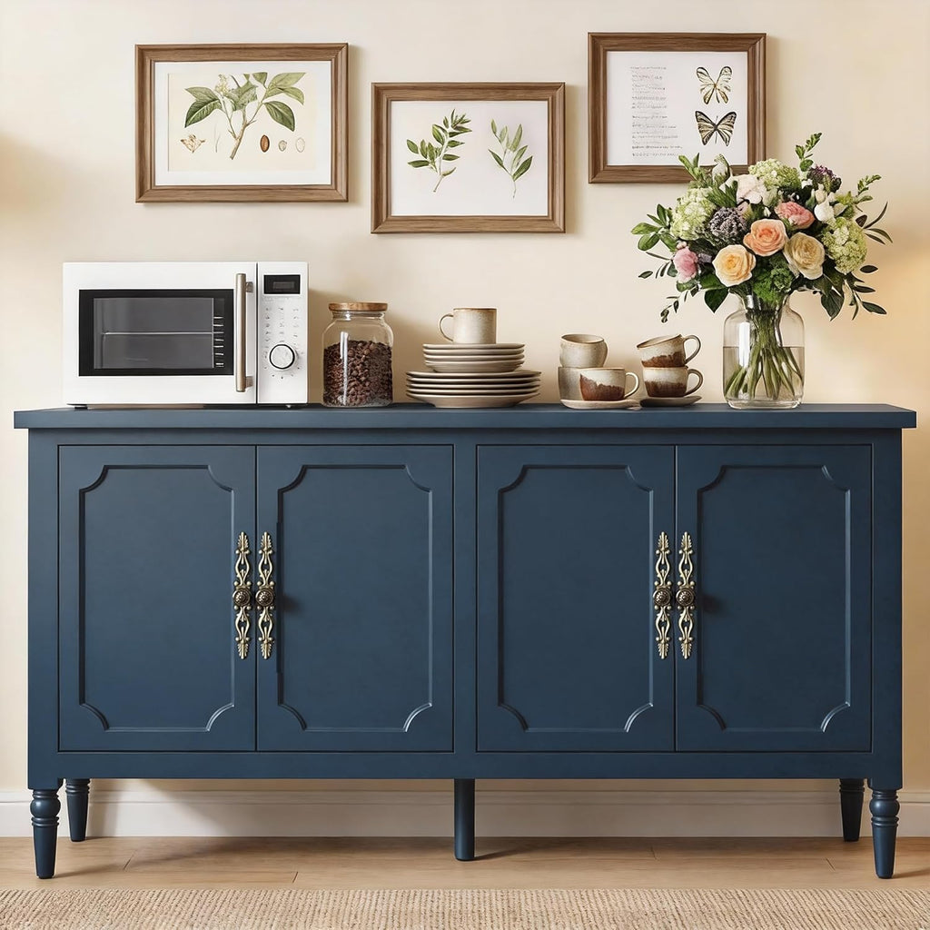 59" Buffet Cabinet with Storage, Vintage Sideboard with Adjustable Shelves & Carved Handle