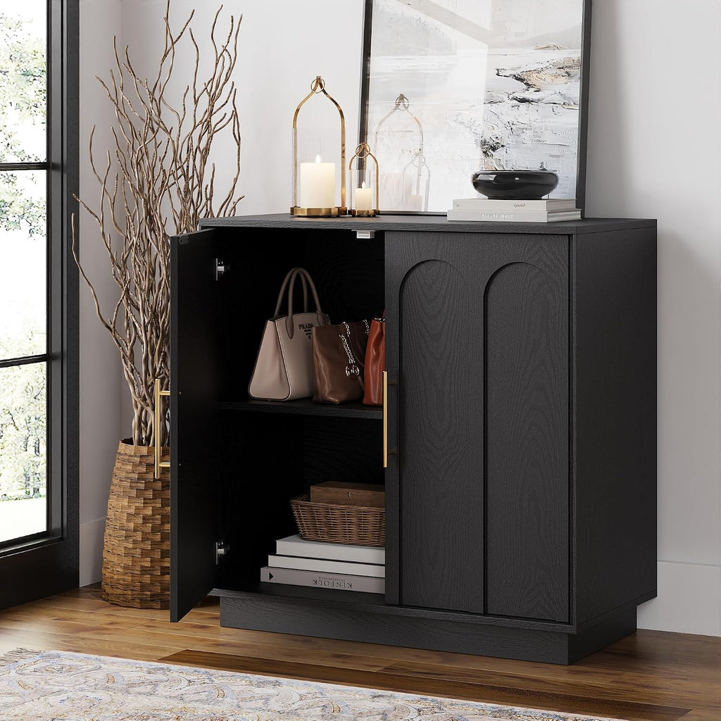 31.5" Modern Sideboard Buffet Cabinet with Storage, Black | Modular Media Console, Minimalist Credenza with Arched