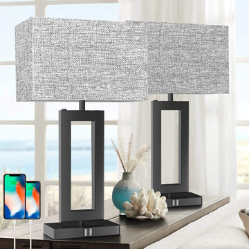 22'' Tall Set of 2 Touch Control Table Lamp w. 2 USB Ports, 3-Way Dimmable Modern Bedroom Bedside Touch Lamps w.