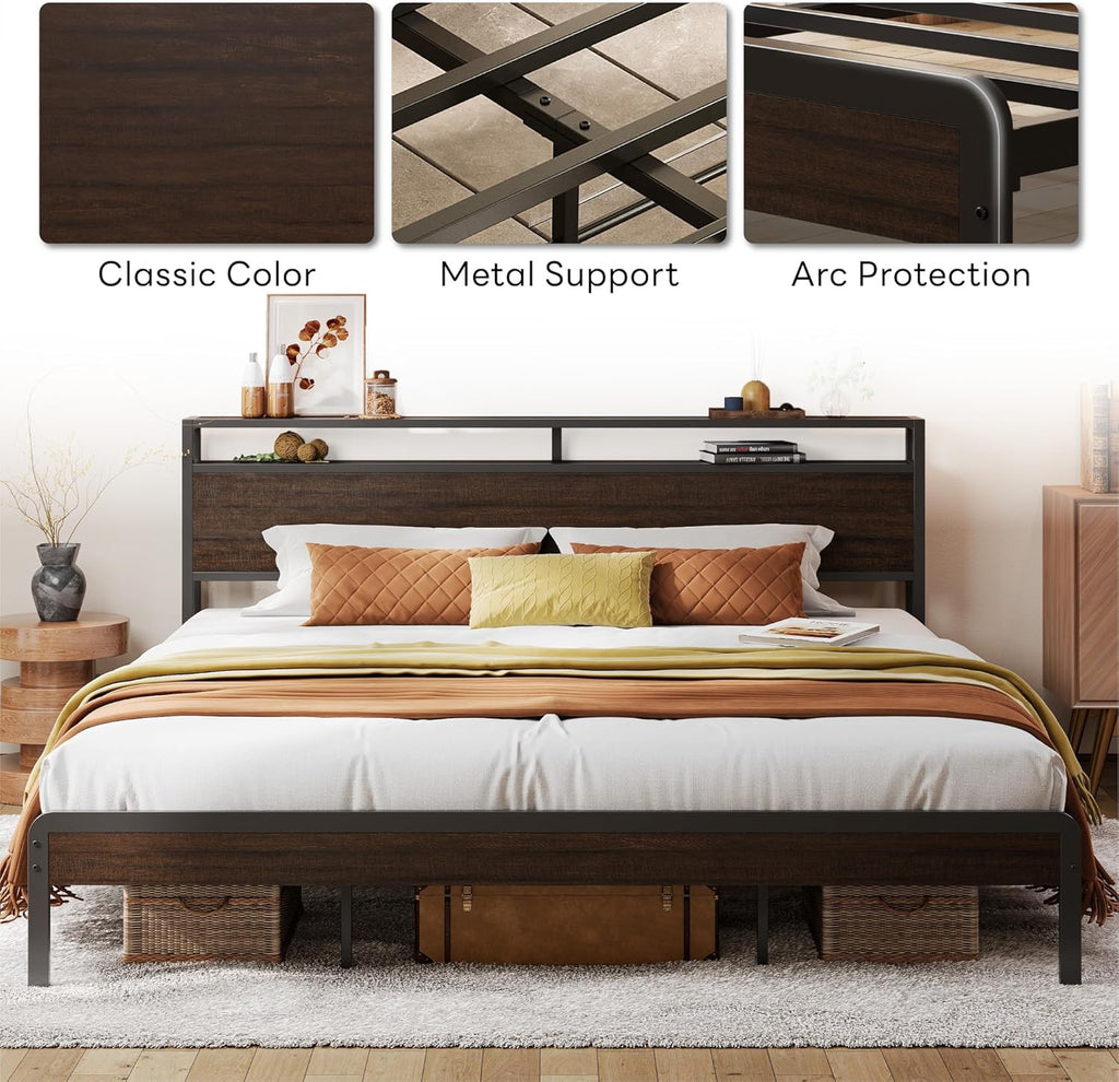 King Bed Frame with Headboard, Dark Wood Camas King with Strong Supports, Sturdy, Noise-Free, No Box Spring Needed