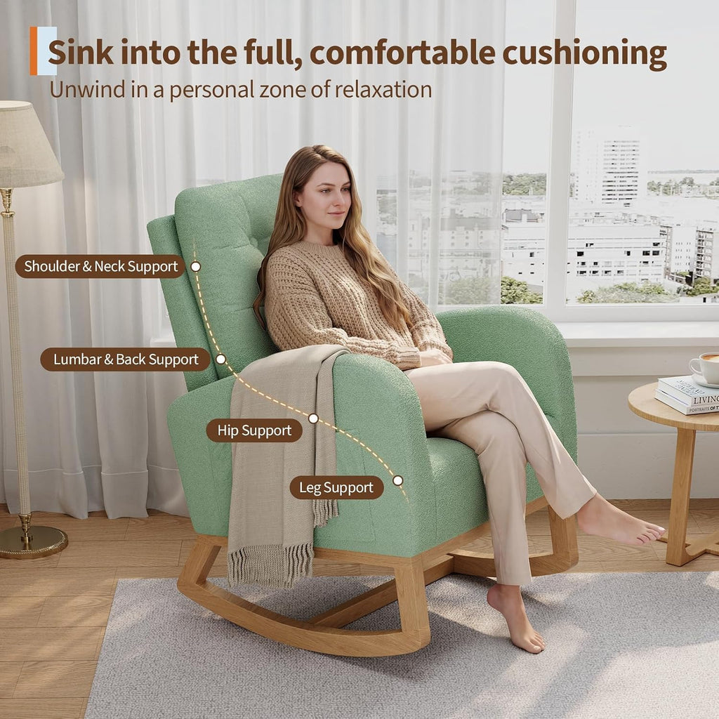 Modern Rocking Chair -Green | Comfortable Recliner Rocker with Side Pocket, Soft Linen Upholstered Glider Chair