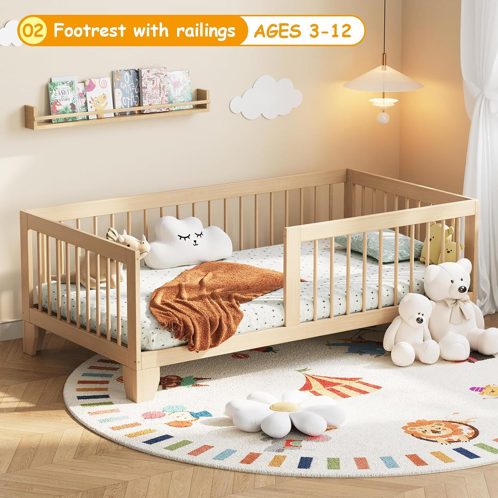 Montessori Toddler Bed, Variable Twin Floor Bed Frame with Removable Guardrails and Legs, Low Wooden Kids Bed with 10