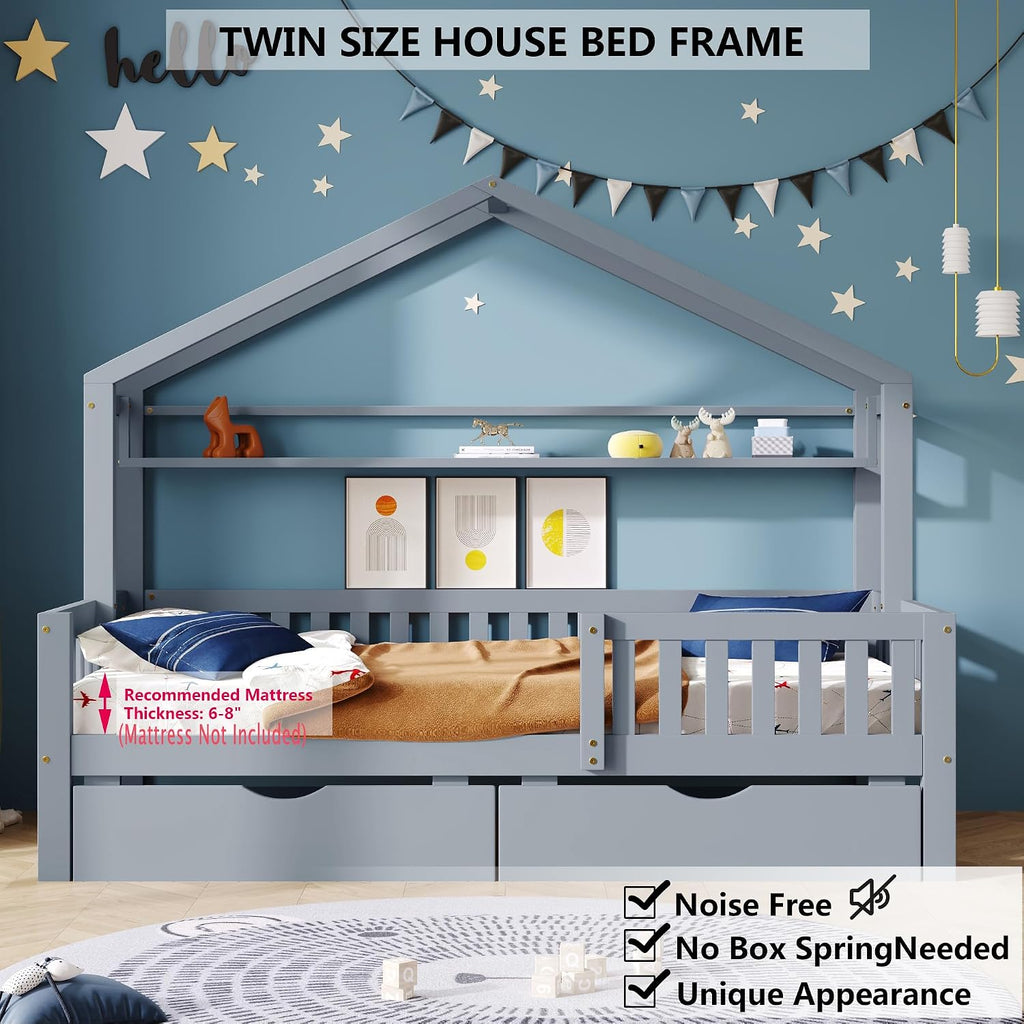 Twin Size House Bed with Storage Drawers and Shelf,Kids Wooden Bed Frame Twin Platform Bed with Slats and Fence for