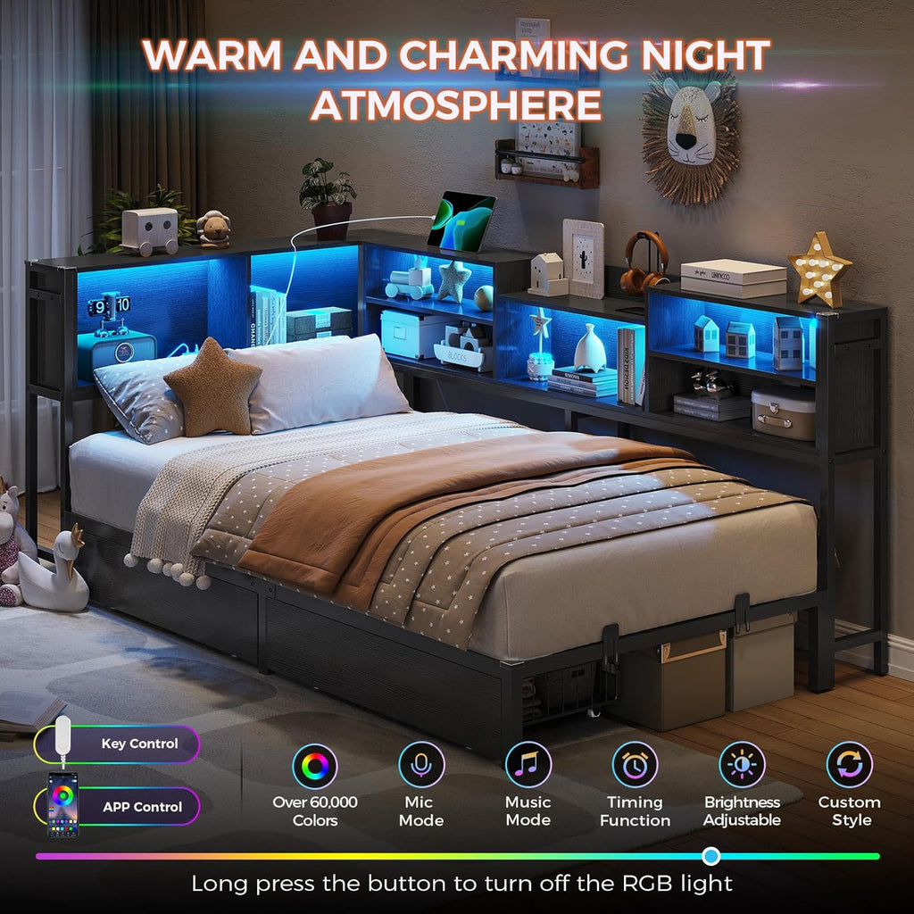 Corner Twin Bed Frame with Bookcase Storage and Led Lights Metal Platform Bed Frame with 2 Drawers and Charging