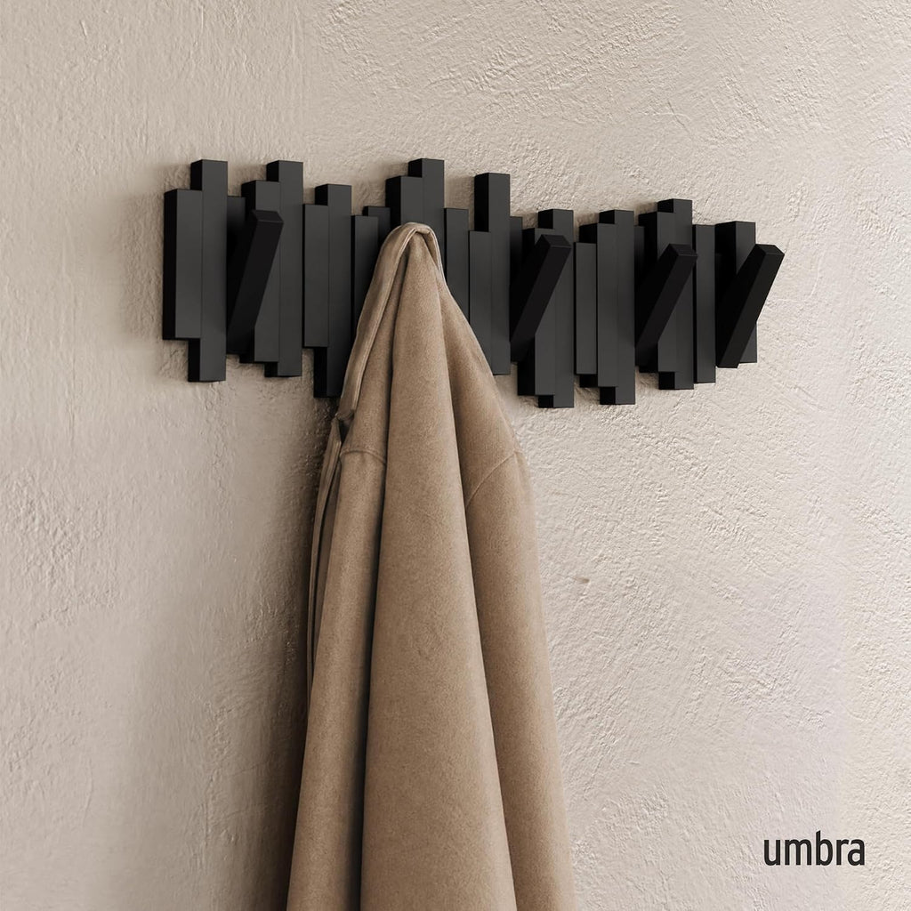 Sticks Wall-Mounted Coat Rack Rail Hook with 5 Retractable Pegs - Modern, Space-Saving Storage Organizer, Black