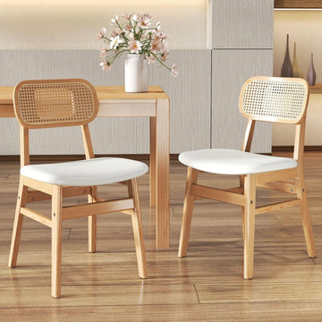 Rattan Dining Chairs Set of 2 Beige Linen Fabric Dining Room Chairs Natural Wooden Kitchen Chairs Farmhouse Boho
