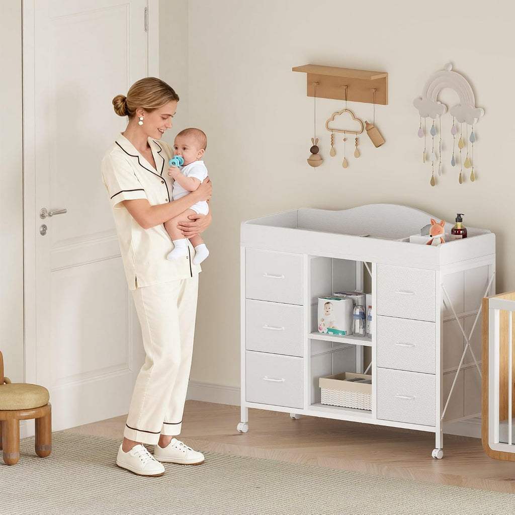 Changing Table, 6-Drawer Dresser, Adjustable Shelves, Mobile, White | Changing Table,Waterproof Diaper pad & Safety