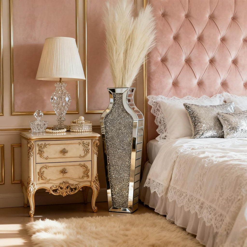 26.8" Silver Tall Crushed Diamond Mirrored Floor Vase with Pampas Grass