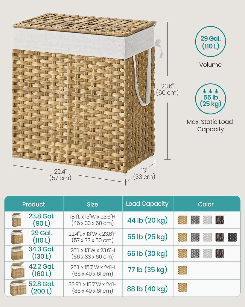Laundry Hamper with Lid, 110L Wicker Laundry Basket | 6 Mesh Bags, 2 Removable Liner Bags, 13 x 22.4 x 23.6 Inches