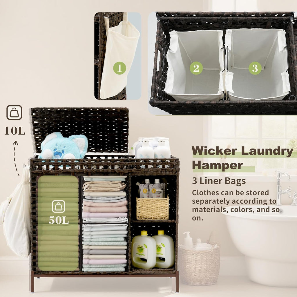 Laundry Hamper with Lid, 110L (29.1 Gal) Rattan Laundry Hamper 2 Section with 50L (13.2 Gal) Storage Shelf, Wicker