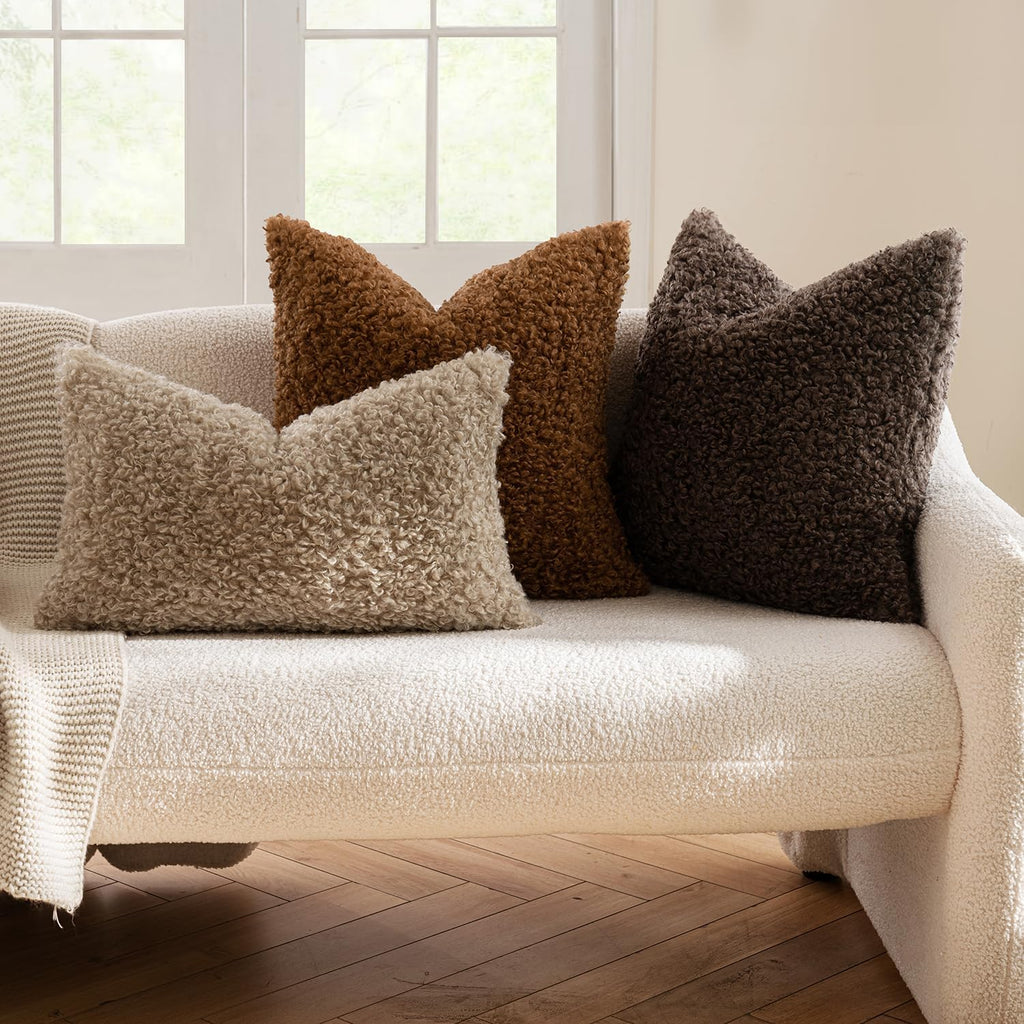 Pack of 2 Faux Fur Chocolate Throw Pillow Covers 18x18 Inch Boucle Decorative Pillow Covers Fuzzy Accent Soft