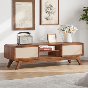 Mid Century Modern TV Stand for TVs up to 65'', Farmhouse Entertainment Center with Storage, TV Cabinet Table with Nature Linen Doors, Media Console TV Consoles for Living Room Bedroom (Walnut)