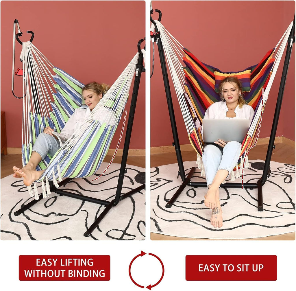 Hammock Chair with Stand Double Hammock Chair Bohemian Style with Tassel Mobile Phone Support Manual Adjustable Swing