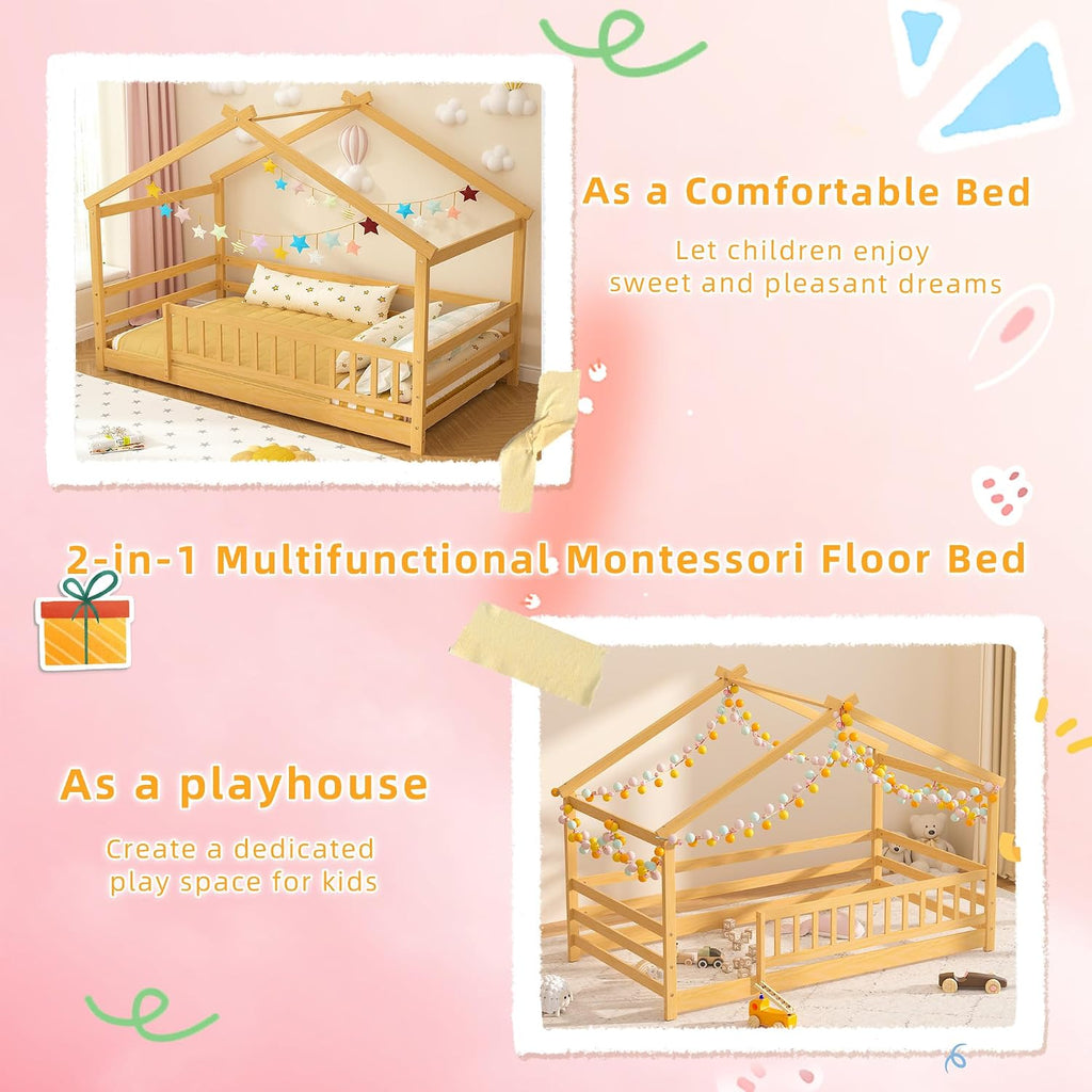 Twin Size House Bed for Kids, Twin Montessori Floor Bed with Roof and Guardrails, Solid Wood Low-Profile Frame