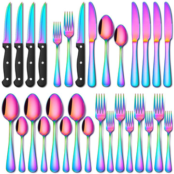 24 Piece Rainbow Silverware Set with Steak Knives Stainless Steel Flatware Set for 4 Cutlery Utensil Set Mirror