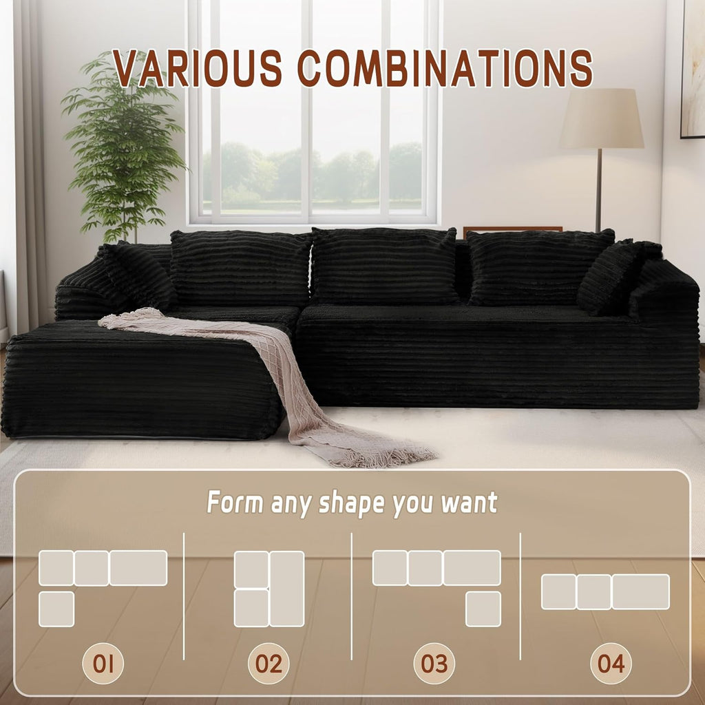 110" L-Shaped Modular Sectional Sofa with Chaise, Boneless Comfy Corduroy Fluffy Couch with Deep Seat and Side Pockets