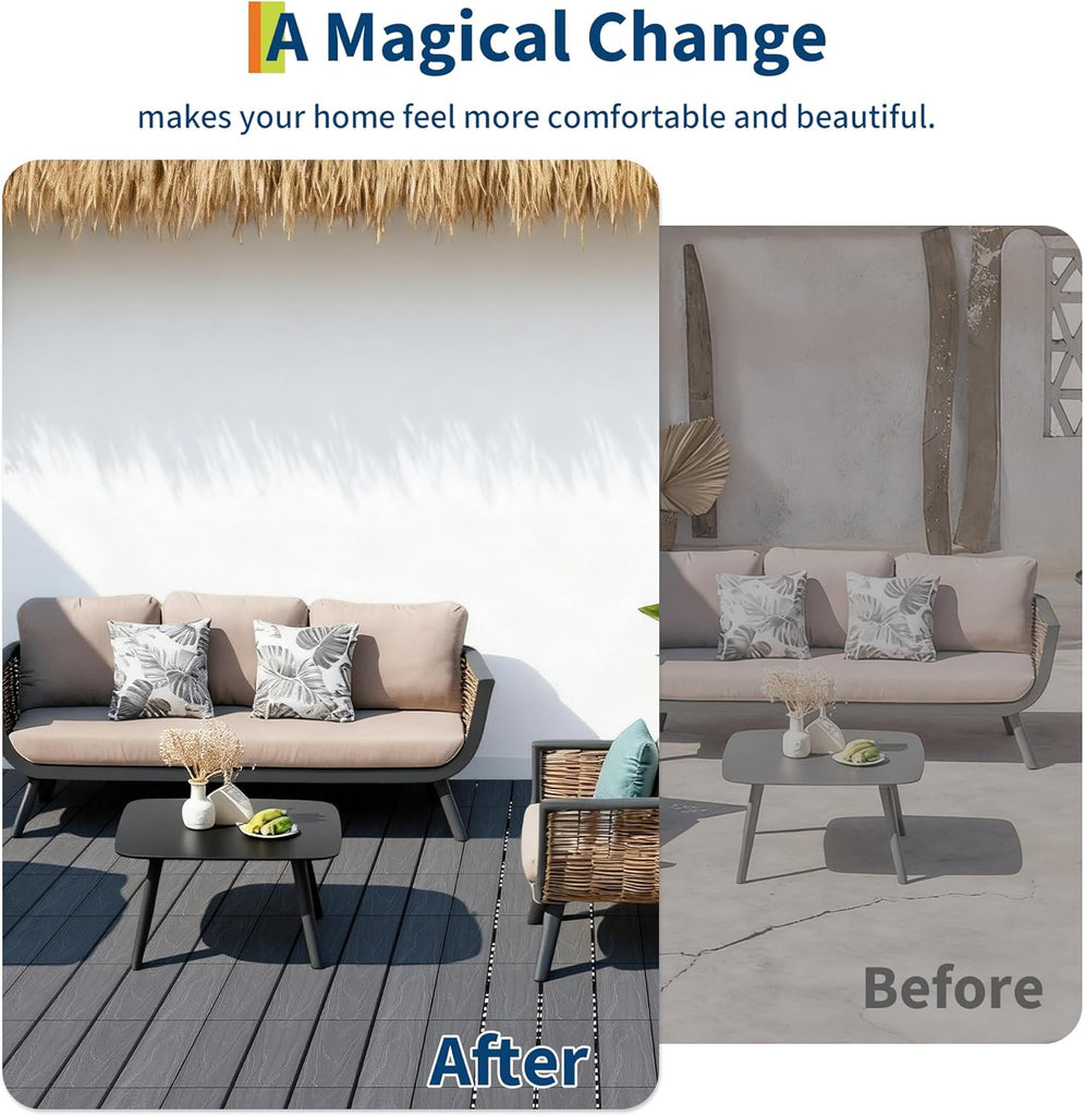 Waterproof Composite Interlocking Deck Tiles 12"X12", All-Weather Wood-Look Snap-Together Flooring for Patio, Balcony