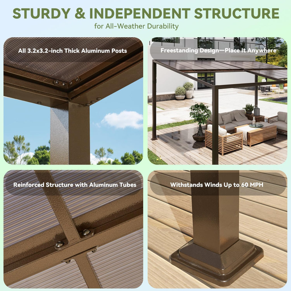 12x16 with Adjustable Polycarbonate Roofs, All Aluminum Frame Permanent Pergola for Patio