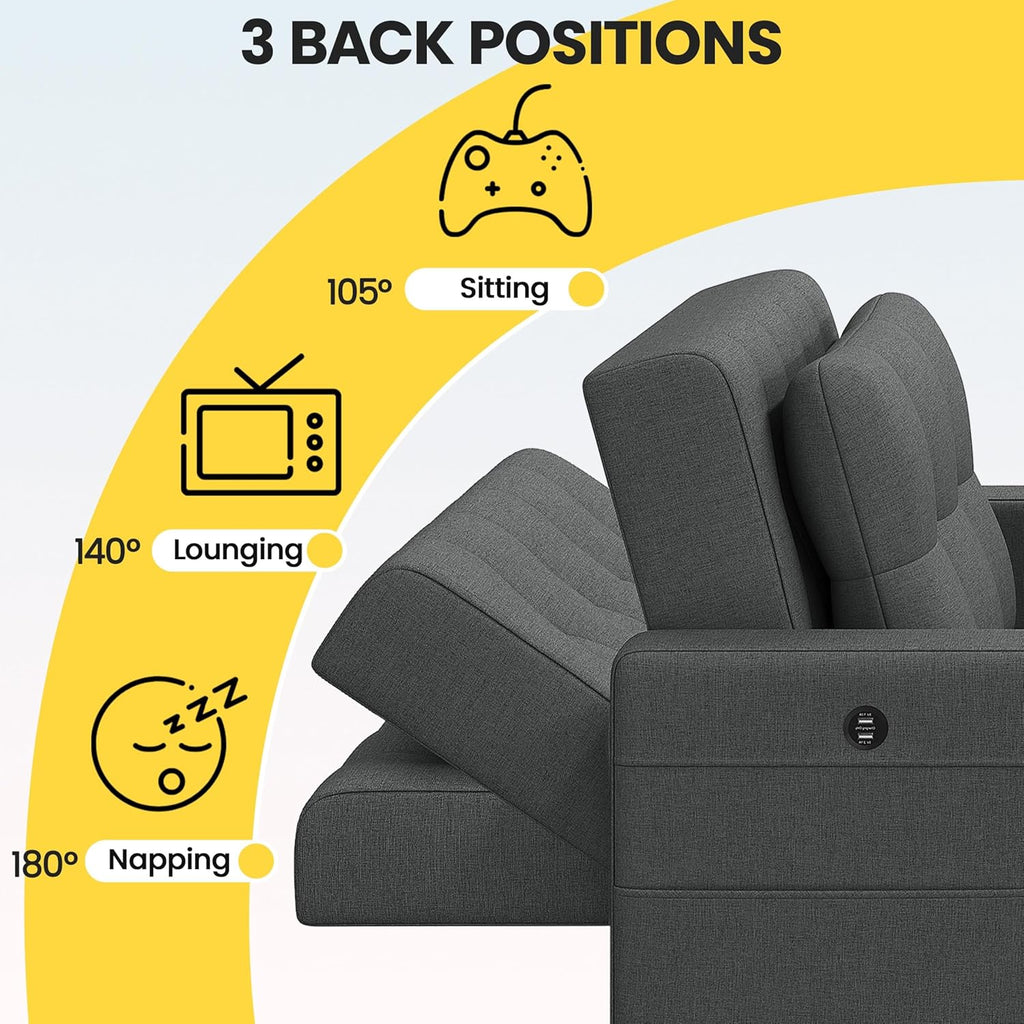 Sleeper Chair, Converts to Bed with USB Ports & Pocket, Dark Gray | Futon, Lounge Chair Fabric Sofa Bed 3-in-1