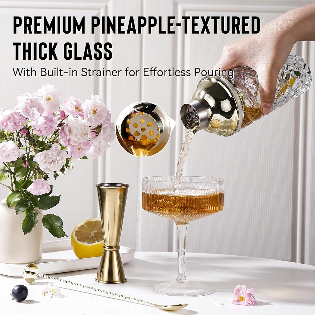 Cocktail Shaker Set with Coupe Glasses - 5-Piece Gift Set Includes Pineapple Glass Shaker with Gold Lid, Jigger, Bar - Set of 5