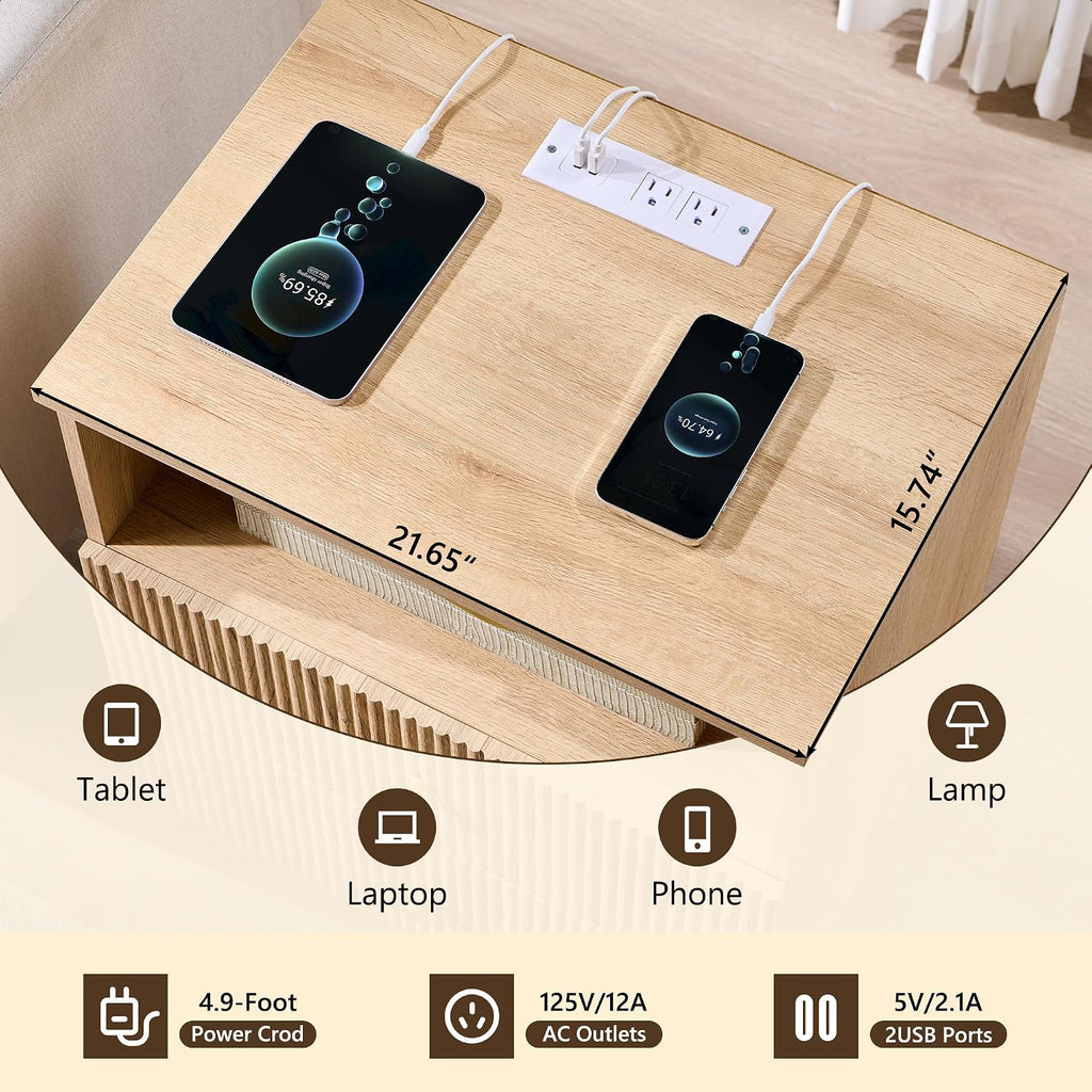 Fluted Night Stand with Charging Station, 21.65" Wide 2 Drawers Nightstand with & Open Shelf and Golden Metal Handle